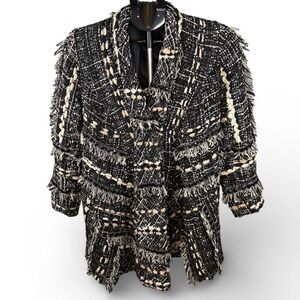 Indikka Womens Small Black White Fringed Beaded Tweed Jacket Textured Open Front